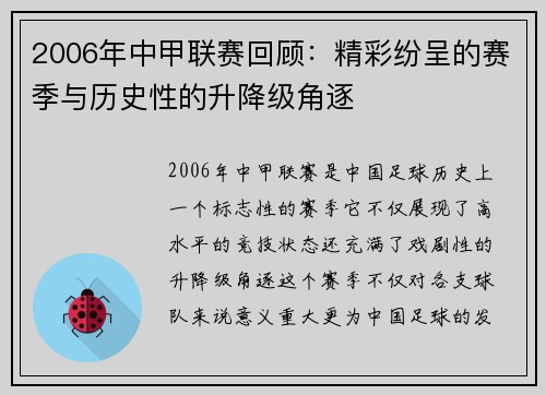 2006年中甲联赛回顾：精彩纷呈的赛季与历史性的升降级角逐